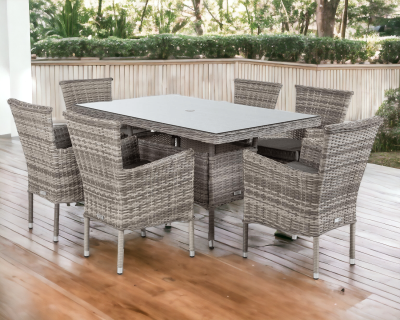 Cambridge 6 Rattan Chairs and Small Rectangular Table Set in Grey