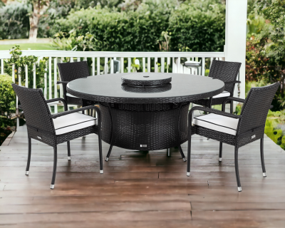 Roma 4 Rattan Garden Chairs, Large Round Table and Lazy Susan Set in Black and Vanilla