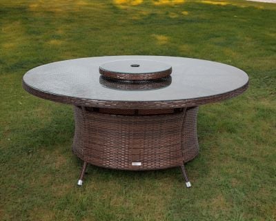 Large Round Rattan Garden Dining Table with Lazy Susan in Chocolate Mix