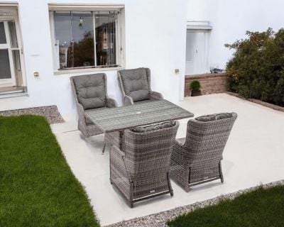 Fiji 4 Reclining Rattan Garden Dining Chairs and Rectangular Table in Grey