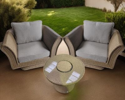 Lisbon Rattan Garden Set with 2 Swivel Chairs and Bistro Ice Bucket Table in Willow