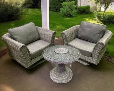 Lisbon Rattan Garden Set with 2 Swivel Chairs and Bistro Ice Bucket Table in Grey