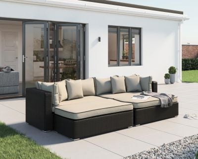 Monaco Rattan Garden Day Bed Sofa Set in Black and Vanilla