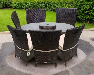 Oxford 6 Rattan Chairs and Large Round Dining Table Set in Chocolate and Cream