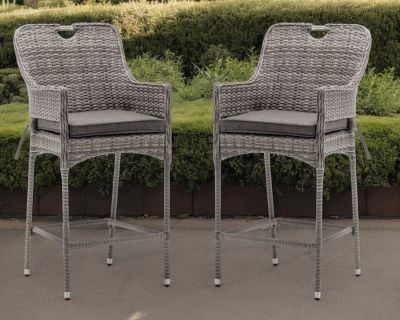 Porto Pair of Rattan Garden Bar Stools in Grey