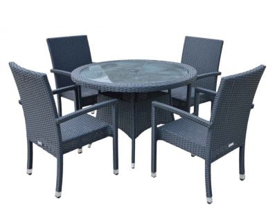 Rio 4 Armed Stacking Rattan Garden Chairs and Small Round Dining Table in Black and Vanilla