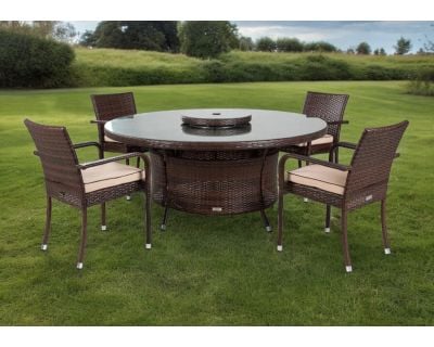 Roma 4 Rattan Garden Chairs, Large Round Table and Lazy Susan Set in Chocolate and Cream