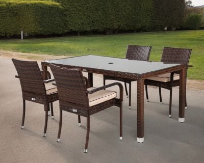 Roma 4 Rattan Garden Chairs and Open Leg Rectangular Table Set in Chocolate Mix and Coffee Cream