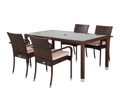 Roma 4 Rattan Garden Chairs and Open Leg Rectangular Table Set in Chocolate Mix and Coffee Cream