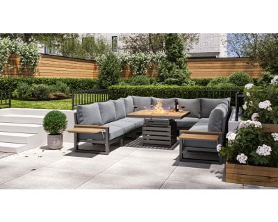 Sequoyah Aluminium and Teak U-Shaped Garden Sofa with Adjustable Fire Pit Table