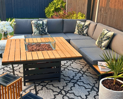 Sequoyah Aluminium and Teak Sofa Set with Firepit Table