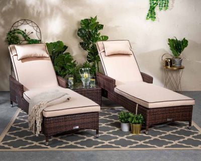 Cambridge Rattan Garden Sun Lounger Set in Chocolate and Cream