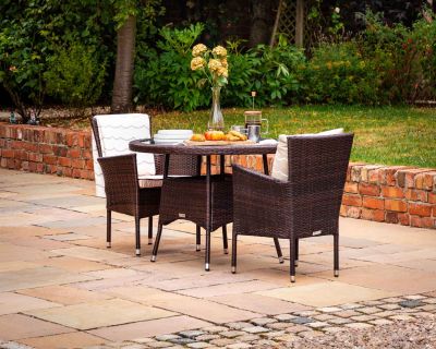 Cambridge 2 Rattan Garden Chairs and Small Round Dining Table Set in Chocolate and Cream