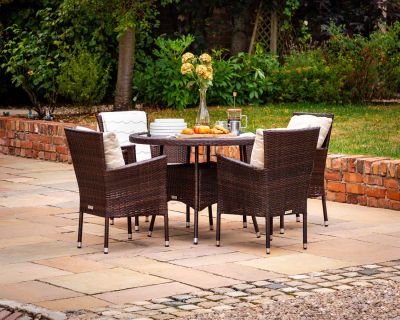 Cambridge 4 Rattan Garden Chairs and Small Round Dining Table Set in Chocolate and Cream