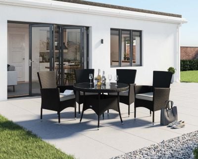 Cambridge 4 Rattan Garden Chairs and Small Round Table Set in Black and Vanilla