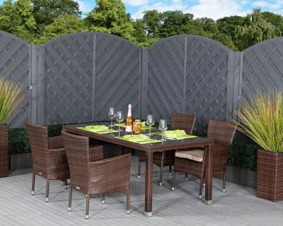 Cambridge 4 Stackable Rattan Garden Chairs and Open Leg Rectangular Table Set in Chocolate Mix and Coffee Cream
