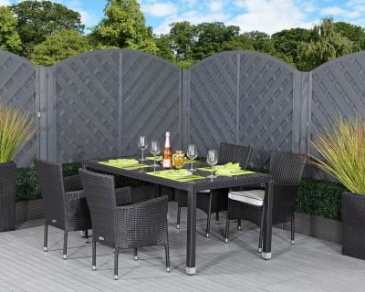 Cambridge 4 Stackable Rattan Garden Chairs and Open Leg Rectangular Table Set in Black and Vanilla