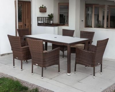 Cambridge 6 Stackable Rattan Garden Chairs and Open Leg Rectangular Dining Table Set in Chocolate Mix and Coffee Cream