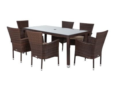 Cambridge 6 Stackable Rattan Garden Chairs and Open Leg Rectangular Dining Table Set in Chocolate Mix and Coffee Cream