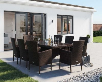 Cambridge 8 Rattan Garden Chairs and Rectangular Table Set in Chocolate and Cream
