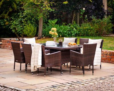 Cambridge 8 Rattan Garden Chairs and Rectangular Dining Table Set in Chocolate and Cream