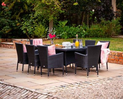 Cambridge 8 Rattan Garden Chairs and Rectangular Table Set in Black and Vanilla