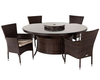 Cambridge 4 Rattan Garden Chairs and Large Round Dining Table Set in Chocolate and Cream