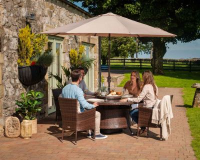 Cambridge 4 Rattan Garden Chairs and Large Round Dining Table Set in Chocolate and Cream