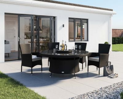 Cambridge 4 Rattan Garden Chairs and Large Round Dining Table Set in Black and Vanilla