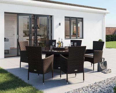 Cambridge 6 Rattan Garden Chairs and Large Round Table Set in Chocolate and Cream