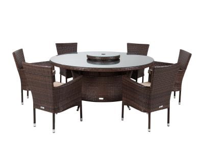 Cambridge 6 Rattan Garden Chairs and Large Round Dining Table Set in Chocolate and Cream