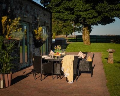 Cambridge 6 Chairs and Large Round Dining Table Set in Black and Vanilla