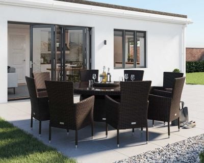 Cambridge 8 Rattan Garden Chairs and Large Round Table Set in Chocolate and Cream