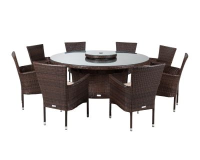 Cambridge 8 Rattan Garden Chairs and Large Round Round Dining Table Set in Chocolate and Cream