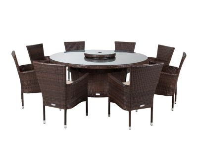 Cambridge 8 Rattan Garden Chairs and Large Round Dining Table Set in Chocolate and Cream
