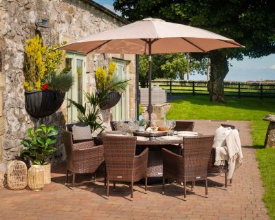 Cambridge 8 Rattan Garden Chairs and Large Round Round Dining Table Set in Chocolate and Cream