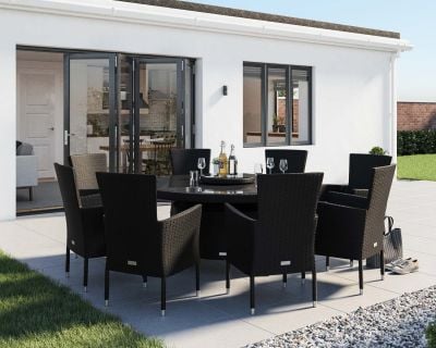 Cambridge 8 Rattan Garden Chairs and Large Round Table Set in Black and Vanilla