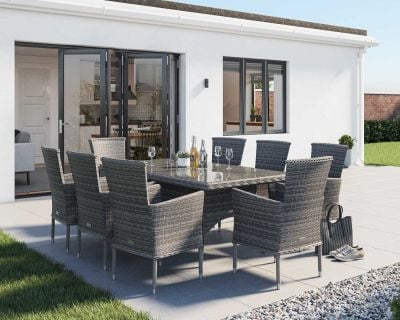 Cambridge 8 Rattan Chairs and Rectangular Dining Table Set in Grey