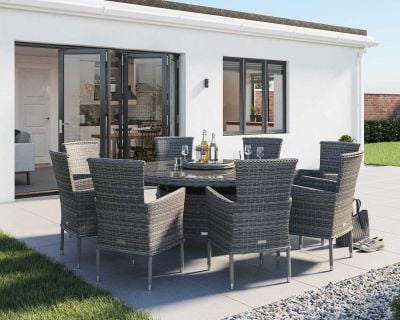 Cambridge 8 Rattan Chairs and Large Round Dining Table Set in Grey