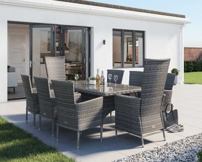 Cambridge 2 Reclining + 6 Non-Reclining Rattan Garden Chairs and Rectangular Table Set in Gre