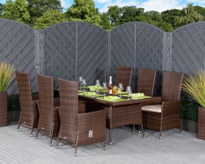 Cambridge 6 Reclining Rattan Garden Chairs and Rectangular Table Set in Chocolate and Cream