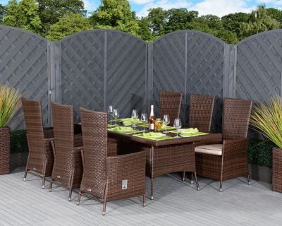 Cambridge 6 Reclining Rattan Garden Chairs and Rectangular Dining Table Set in Chocolate and Cream