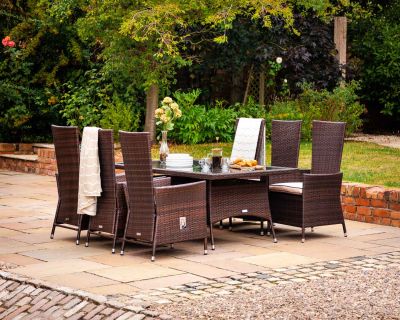 Cambridge 6 Reclining Rattan Garden Chairs and Rectangular Dining Table Set in Chocolate and Cream