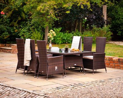 Cambridge 6 Reclining Rattan Garden Chairs and Rectangular Table Set in Chocolate and Cream