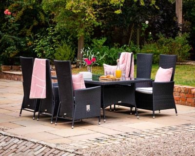 Cambridge 6 Reclining Rattan Garden Chairs and Rectangular Dining Table Set in Black and Vanilla