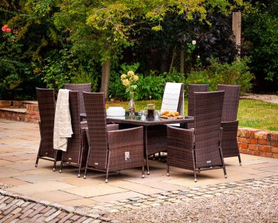 Cambridge 8 Rattan Garden Reclining Chairs and Rectangular Dining Table Set in Chocolate and Cream