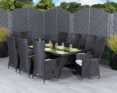 Cambridge 8 Reclining Rattan Garden Chairs and Rectangular Dining Table Set in Black and Vanilla