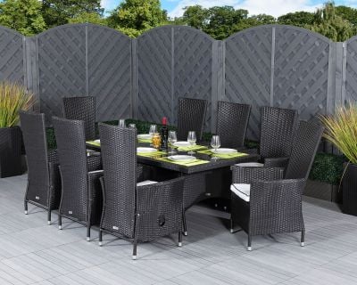 Side View Of Black And Vanilla Rattan Dining Set With 8 Recliners