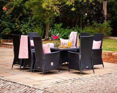 Cambridge 8 Reclining Rattan Garden Chairs and Rectangular Dining Table Set in Black and Vanilla