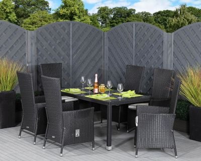 Cambridge 6 Reclining Rattan Garden Chairs and Open Leg Rectangular Table Set in Black and Vanilla